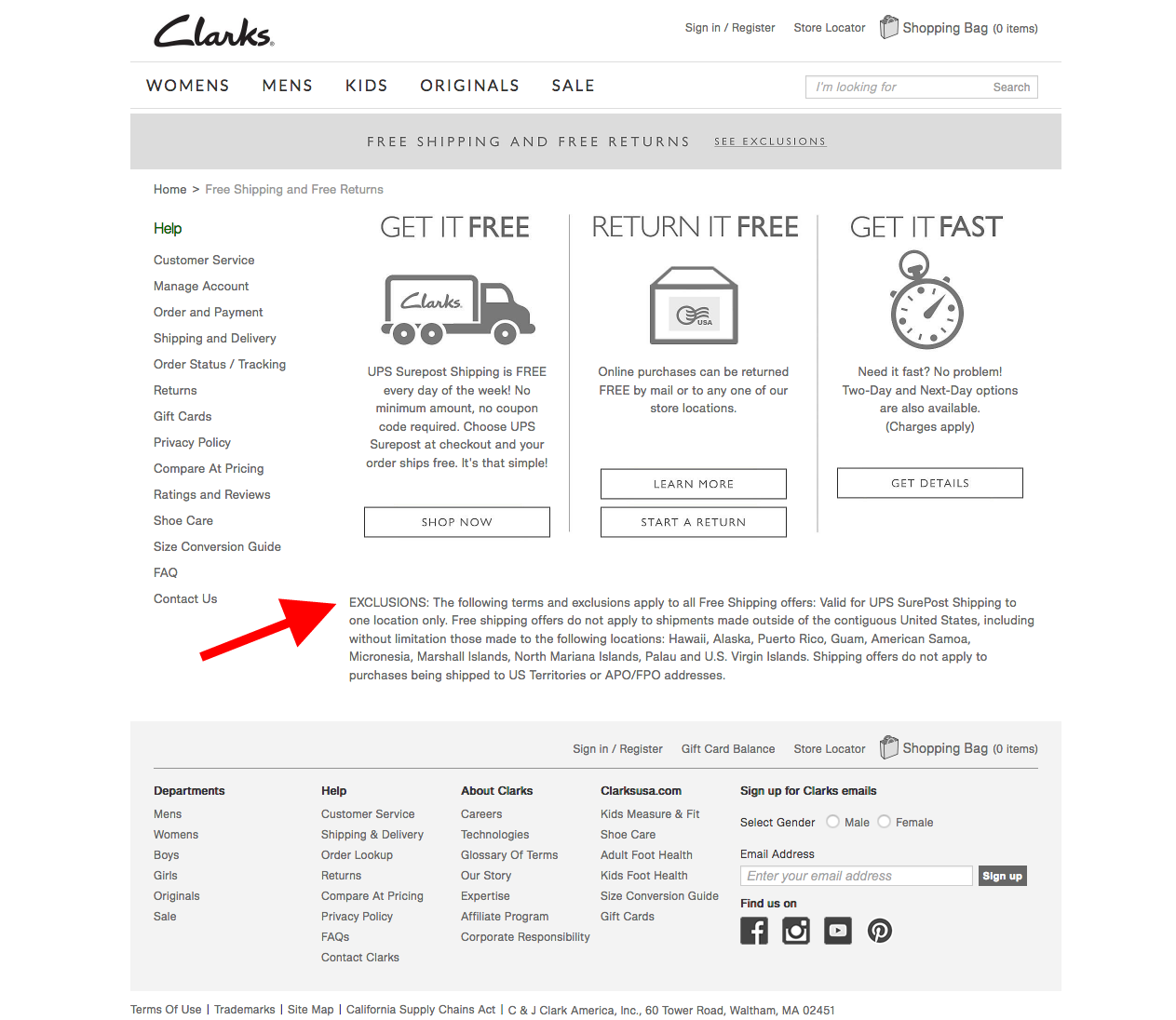 clarks shipping policy